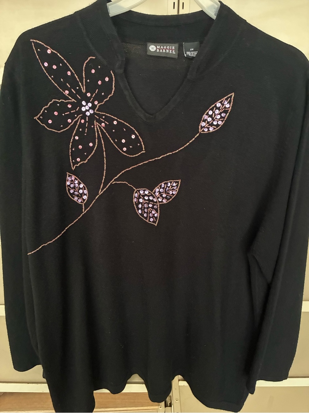 Maggie Barnes Black V-Neck Sweater with Pink and Light Purple Beaded Floral